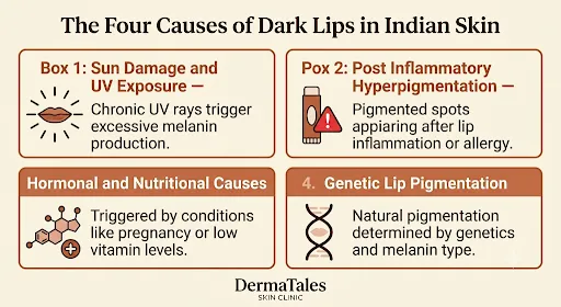 Infographic: 4 Causes of Dark Lips & Lip Pigmentation - 1. Sun Damage & UV Rays, 2. Habits & Irritating Lip Products, 3. Hormonal & Nutritional Deficiencies, 4. Genetic & Melanin Tone