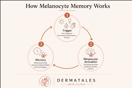 Infographic: How to Keep Pigmentation Away. Sun Protection, Actives Tapering, Barrier Care