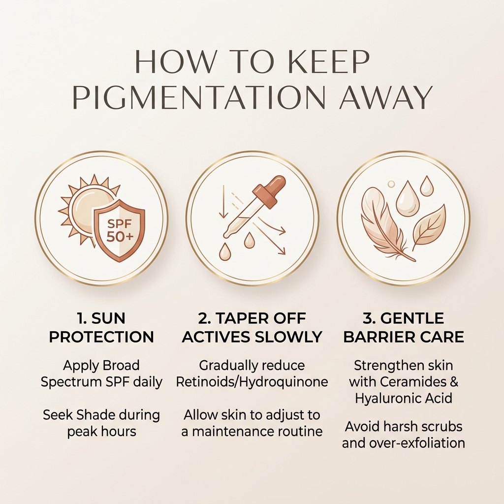 Infographic: How to Keep Pigmentation Away. 1. Sun Protection (SPF 50+ daily), 2. Taper Off Actives Slowly, 3. Gentle Barrier Care (Ceramides & Hyaluronic Acid).