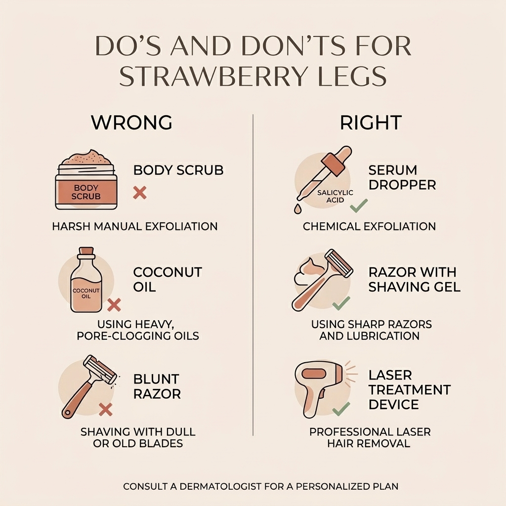 Do's and Don'ts for Strawberry Legs infographic. WRONG: Body Scrub (harsh manual exfoliation), Coconut Oil (pore-clogging), Blunt Razor. RIGHT: Salicylic Acid (chemical exfoliation), Fresh Razor with Shaving Gel, Laser Treatment Device.