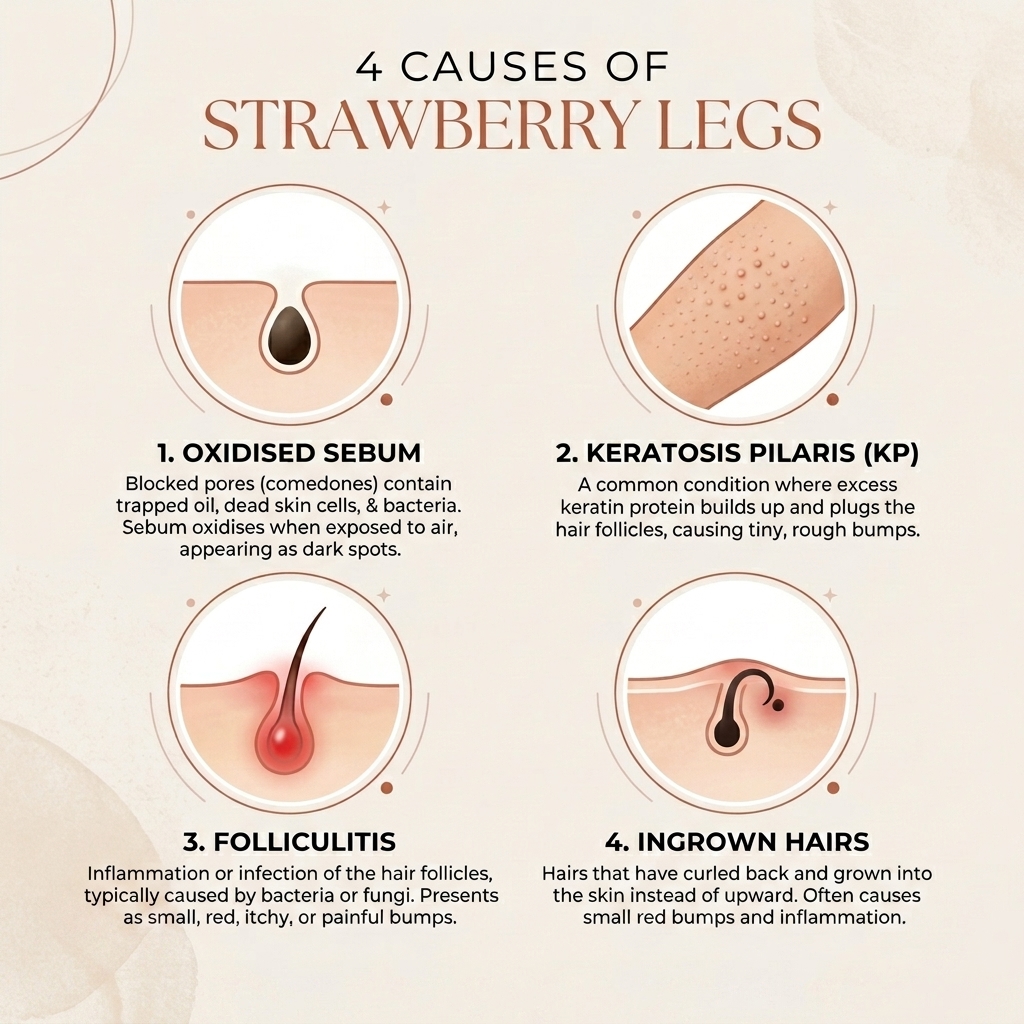 Infographic detailing the 4 main causes of Strawberry Legs: 1. Oxidised Sebum (blocked pores with trapped oil and dead skin), 2. Keratosis Pilaris (keratin protein buildup causing rough bumps), 3. Folliculitis (inflammation or infection of hair follicles), and 4. Ingrown Hairs (hairs curling back into the skin).