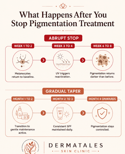 Infographic: How to Keep Pigmentation Away. Sun Protection, Actives Tapering, Barrier Care