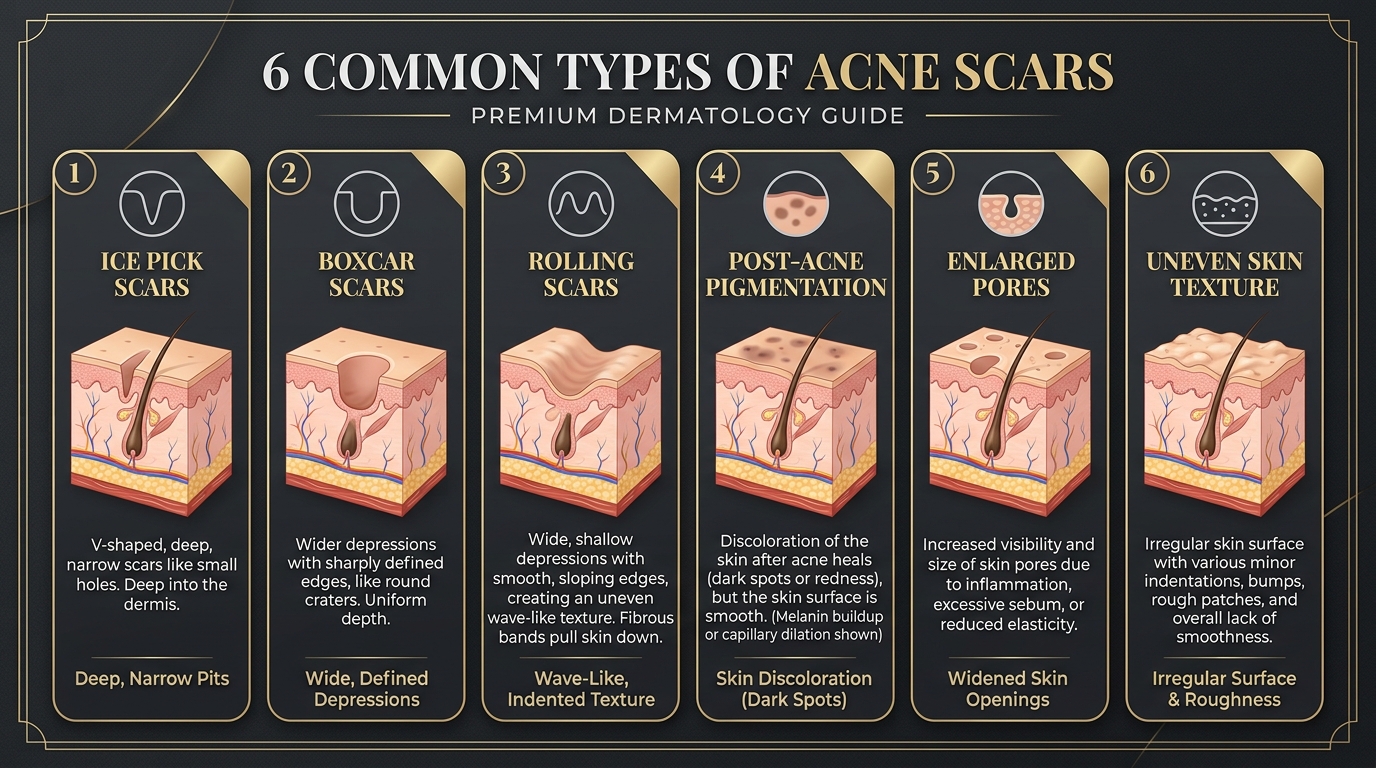 Types of Acne Scars - Ice pick, Boxcar, Rolling scars